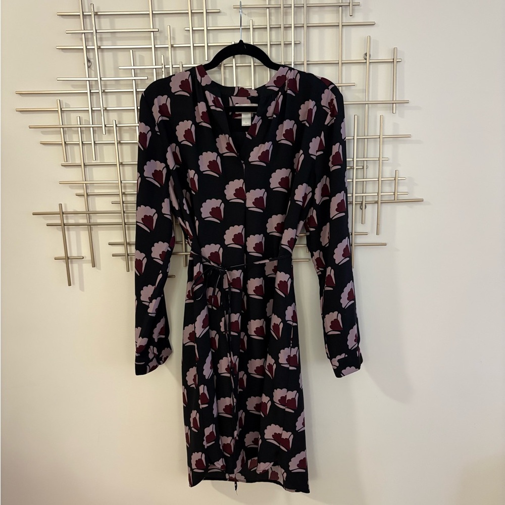 LOFT Black and Pink Patterned Long Sleeve Dress